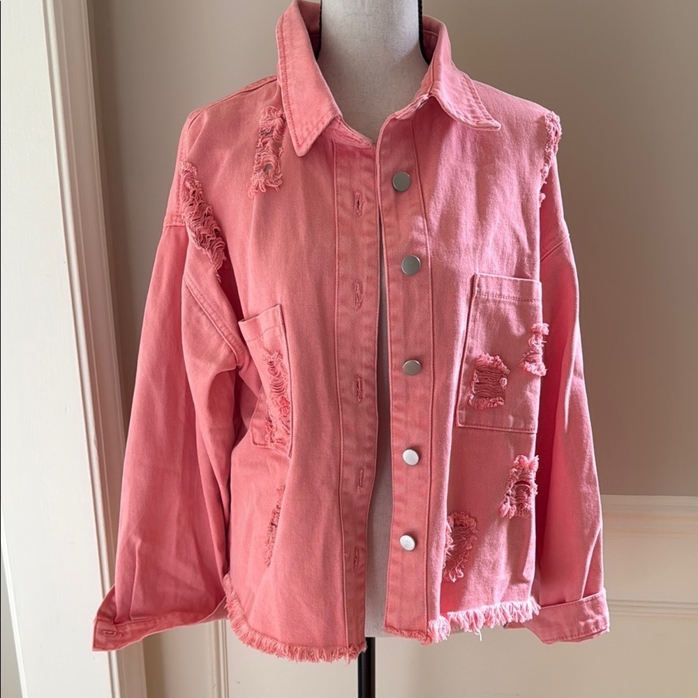 Pink Lily Women M Coral Orange Distressed Denim Relaxed Fit Jean Jacket